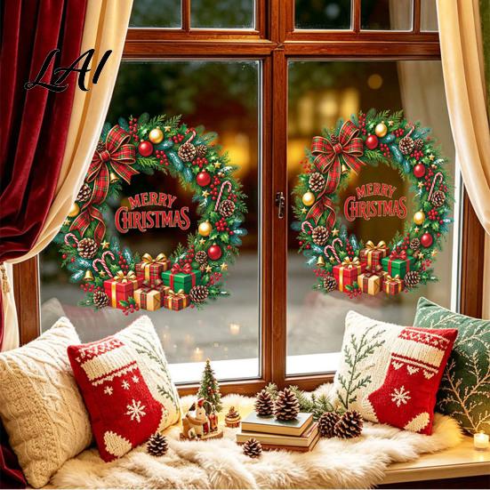 Xmas Party Supplies Christmas Wreath Window Sticker PVC Electrostatic Decals for Holiday Home Glass Decoration Reusable Stickers Gingerbread