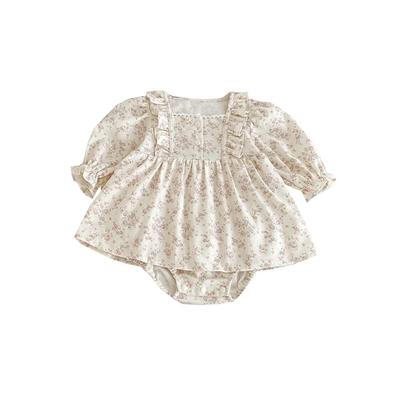 Детская одежда с длинным рукавом, юбкой, цветочный принт [Baby koi], платье, для девочек, весна/осень, комбинезон, для малыша, подготовка, подарок, узор, бежевый, розовый, 6-9М