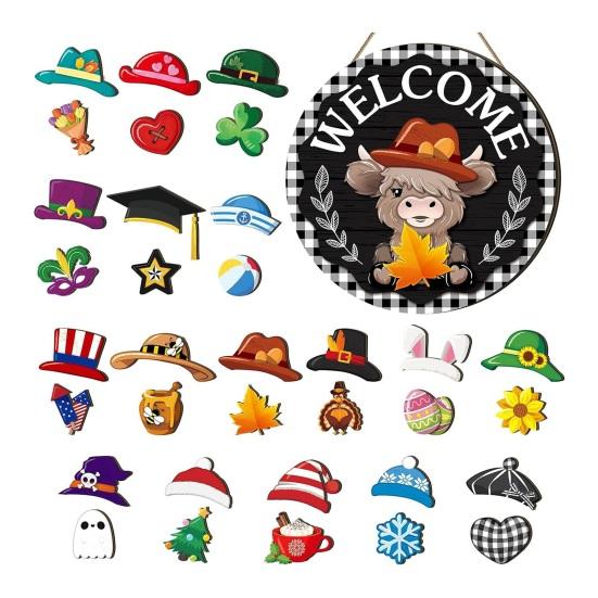 1 Set Interchangeable Wooden Welcome Sign with Seasonal Hat Accessories Gnome Highland Cow Hanging Front Door Sign Home Office Holiday Decoration