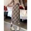 Клетчатая ретро шерстяная миди-юбка: Юбка А-силуэта с высокой талией и разрезом, приталенная миди-длина для осени/зимы 2023