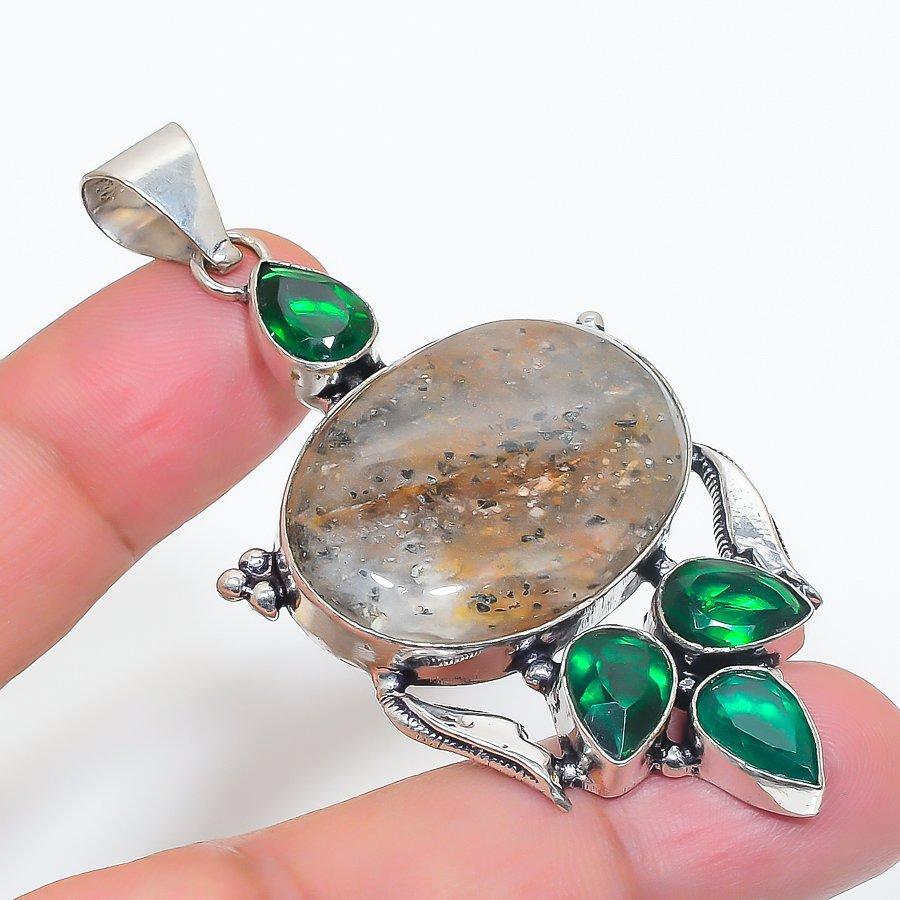 Natural Lodolite Quartz, Diopside 925 Sterling Silver Jewelry Pendant 2.76" AP-10723