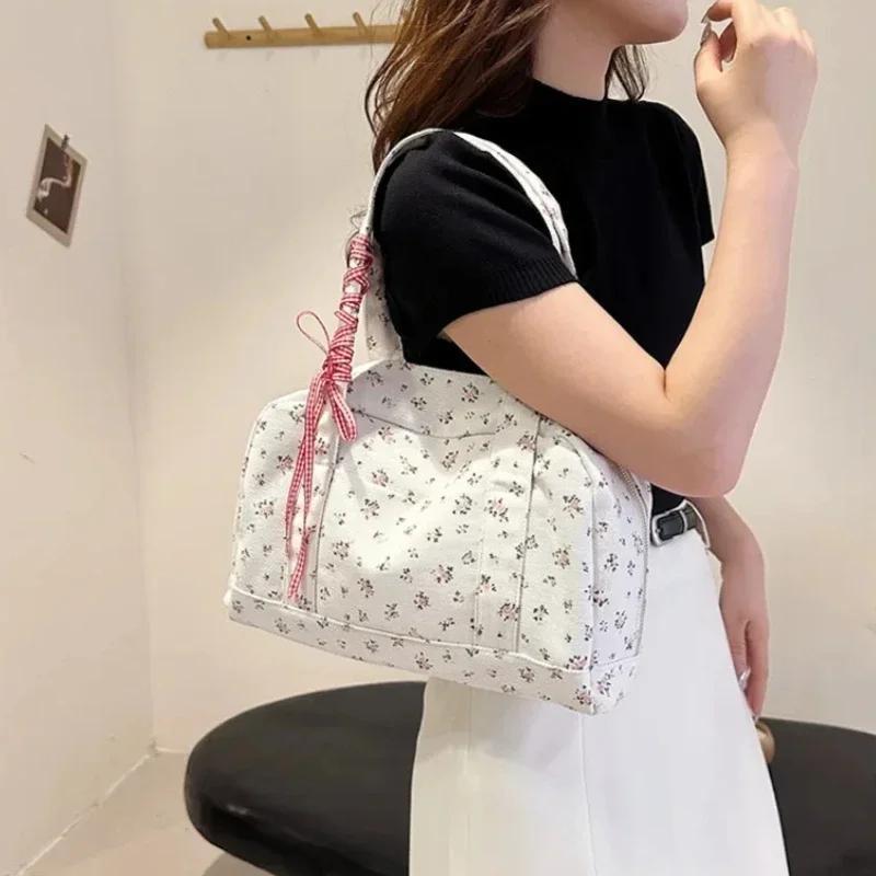 Youth Canvas Zipper Satchels  Soft Crossbody Bag  High-quality Floral Versatile Shoulder Bag for Women