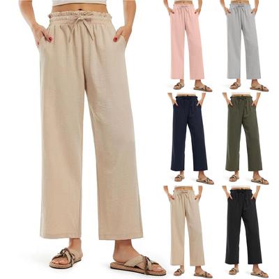 Женские модные однотонные хлопковые конопляные свободные брюки с завязками и карманами, широкие брюки, повседневные брюки