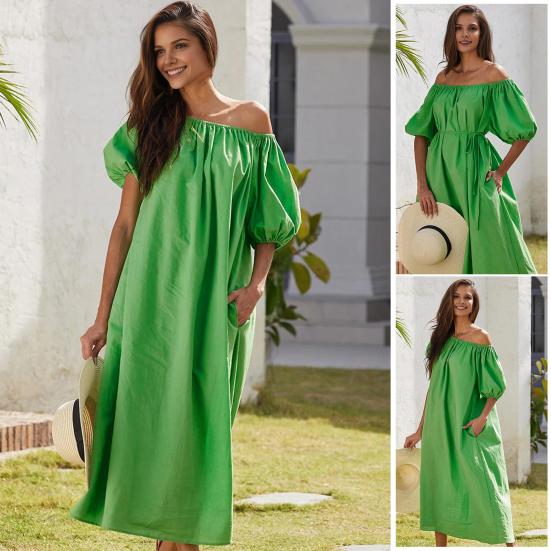 Женское платье с открытыми плечами, короткими рукавами и эластичными манжетами, плиссированное, свободное, однотонное, с боковыми карманами, пляжное платье миди для отдыха