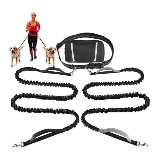 Поводок для собак с поясной сумкой, светоотражающий, выдвижной поводок для двух собак, поводок для бега без помощи рук с мягкими ручками, снаряжение для безопасной ночной ходьбы