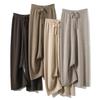 Women Long Pants Elastic High Waist Wide-Leg Knitted Pants with Pockets Solid Color Autumn Winter Warm Trousers