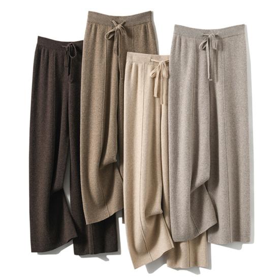 Women Long Pants Elastic High Waist Wide-Leg Knitted Pants with Pockets Solid Color Autumn Winter Warm Trousers