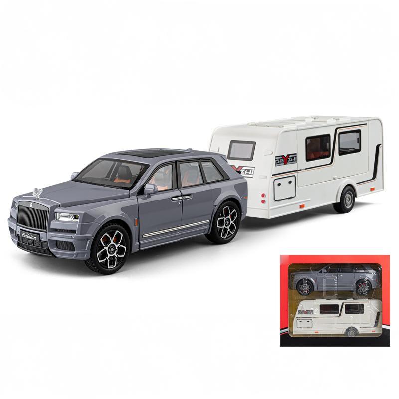 1/20 Scale Rolls Royce Cullinan Trailer RV Camping Van Diecast Model Alloy Metal Car Sound & Light Pull Back Home Display Ornament Boy