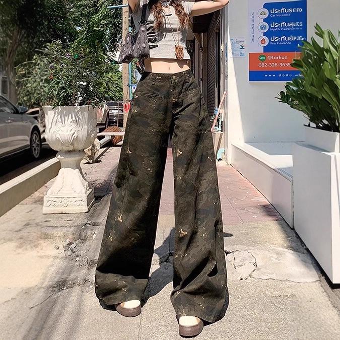 Женские камуфляжные брюки карго с высокой посадкой - Лето 2025, Легкие, Слим-фит, Джинсы прямого кроя