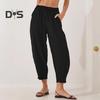 Women Pants Elastic Waist Harem Style Solid Color Casual Trousers with Pockets Loose Fit Jogger Trousers