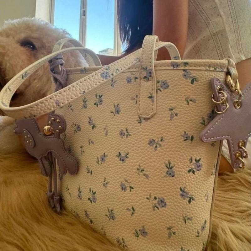 Floral Market Tote Bag Women Cartoon Purple Charm Cute Shoulder Purse Ladies Leather Large Capacity Commuter Handbag 2025 New