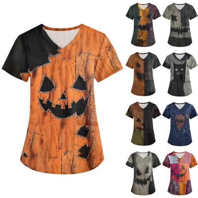 Женская рабочая униформа с принтом, V-образный вырез, карманы, базовый короткий рукав, пуловер, топ