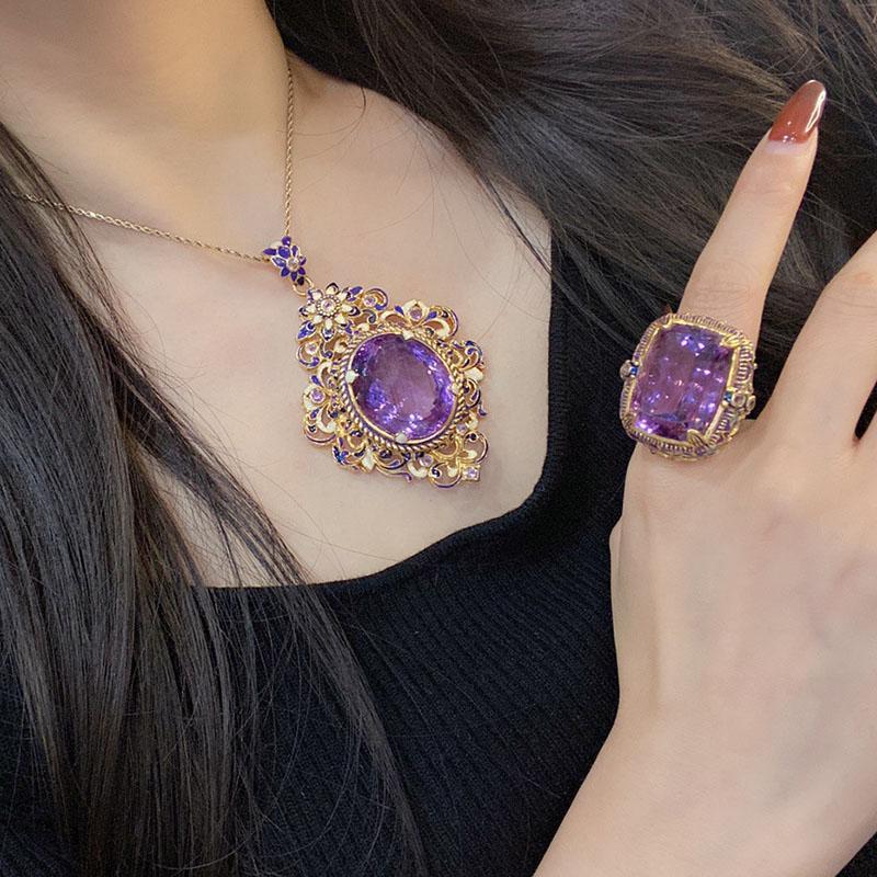 New Vintage High Quality Oval Purple Stone Zircon Sets For Women Luxury Medieval Enamel Hollow Out Big Pendant Necklaces Rings