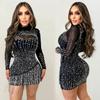 Европейская и американская мода Женское платье с длинным рукавом из сетки с бисерной короткой юбкой