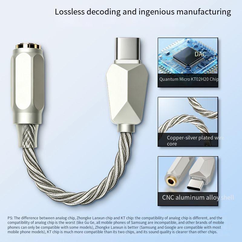 Type-C Male To 3.5mm Female Audio Adapter Silver Plated Wire Core Digital Decoder Amplifier Cable Portable Sound Converter