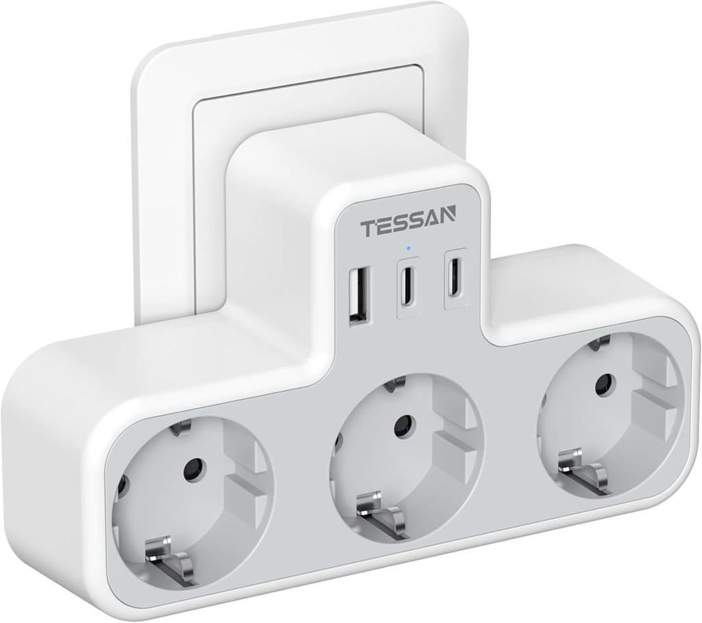 Tessan Multiple Wall Socket with 2 USB C 1 USB A Ports, 6 In 1 USB Adapter with Overload Protection for Smartphone,Tablet