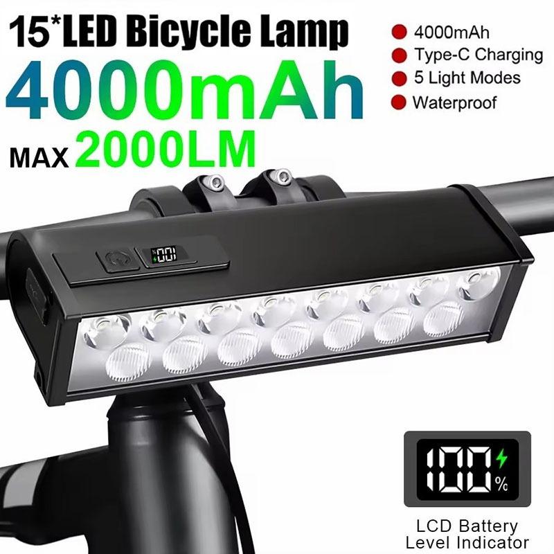 15 LED Square Bicycle Light USB Charging Aluminum Alloy Headlight 2000 Lumens High Brightness Waterproof Night Riding Outdoor