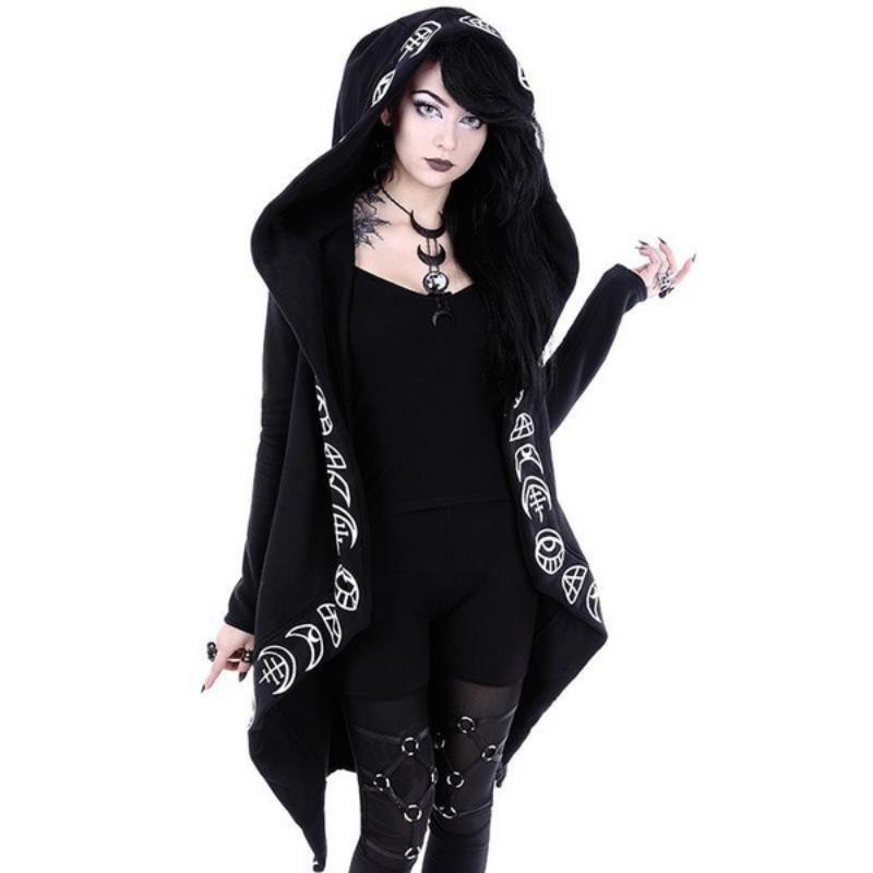 Spring and Autumn Women's Punk Style Moon Pattern Long Sleeve Long Cardigan Hoodie