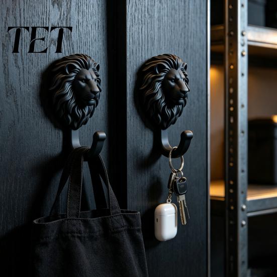 Modern Wardrobe Storage Hook 2Pcs Lion-Head Wall Hooks, 3D Printed Animal Shaped Hanger, Self?Adhesive No Damage Key Holder Coat Towel Hook,