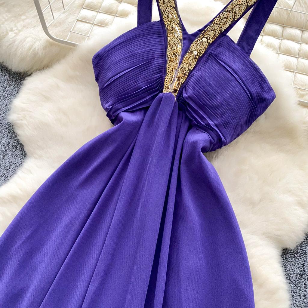 Summer Women Sexy Purple Strapless Open Back Sequined Beading Long Midi Holiday Beach Dress