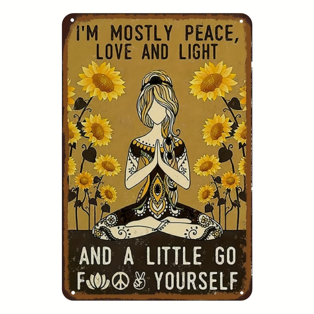 Vintage Bohemian Iron Wall Art Im Mostly Peace Love and Light with Sunflowers and Meditation Symbols Metal Sign for Ho