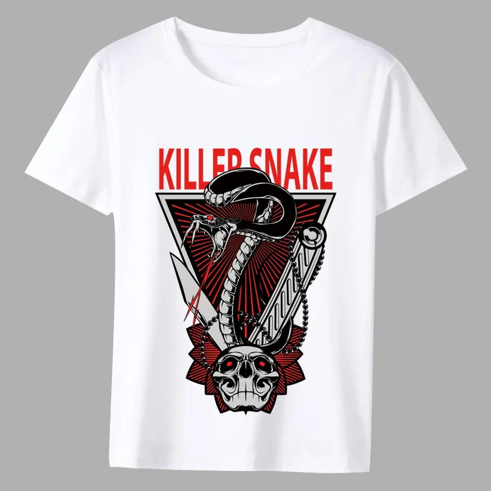 Fashionable Men's T-shirt White Classic Cobra Print Pattern Series Casual Round Neck Commuter All-match Comfortable Men's Top