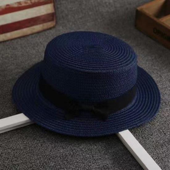 Beach Straw Hat Flat Top Wide Brim Sun Protection Hat with Black Ribbon Bow Hand-Woven Breathable