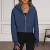 Fall Winter Lady Hoodie Short Type Thick Plush Solid Color Zip-up Long Sleeves Loose Elastic Cuff