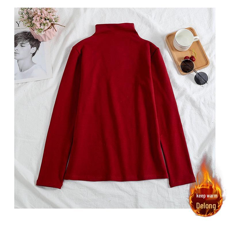 2024 Women's Korean Style Solid Color Plus Velvet Long Sleeve T-Shirt, Autumn/Winter