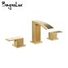 Смеситель для раковины из матового золота, квадратный, с двумя ручками, 3 отверстия, 3 шт., смеситель для раковины, устанавливаемый на бортик, для горячей и холодной воды, для ванной комнаты