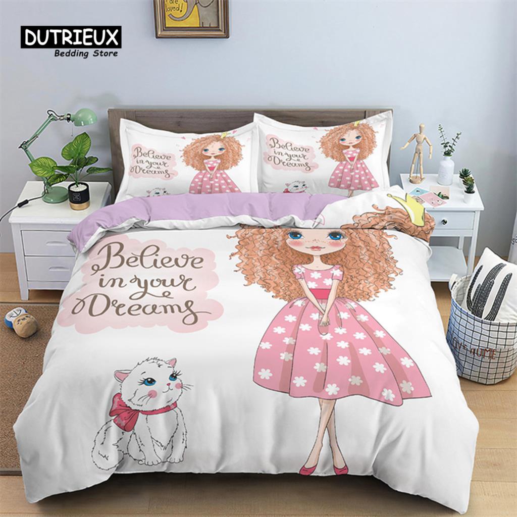 Cartoon Ballet Girl Toddler Bedding Set For Kids Teen Girls Microfiber Modern Swan Cat Unicorn Print Duvet Cover Bedroom Decor