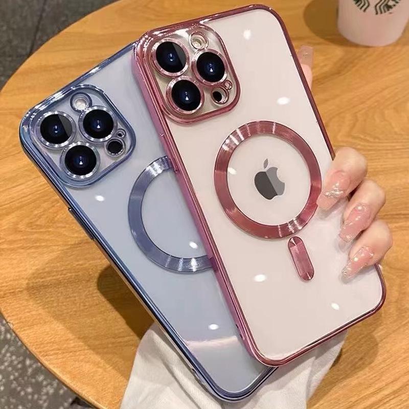Магнитный гальванизированный ТПУ чехол для iPhone 15 Pro с защитной пленкой для объектива