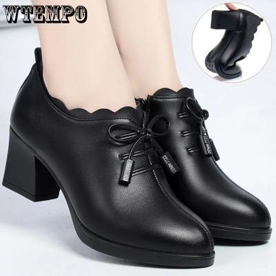 Женские туфли из искусственной кожи весна-осень, мягкая подошва, толстый средний каблук, нескользящие черные повседневные туфли из искусственной кожи, туфли-лодочки на молнии