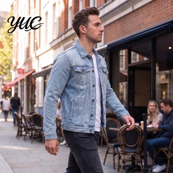 Solid Color Trucker Jacket Men Denim Jacket, Turndown Collar Button-Down Coat, Multi Pocket Retro Motorcycle Style Apparel Casual for Hip Hop