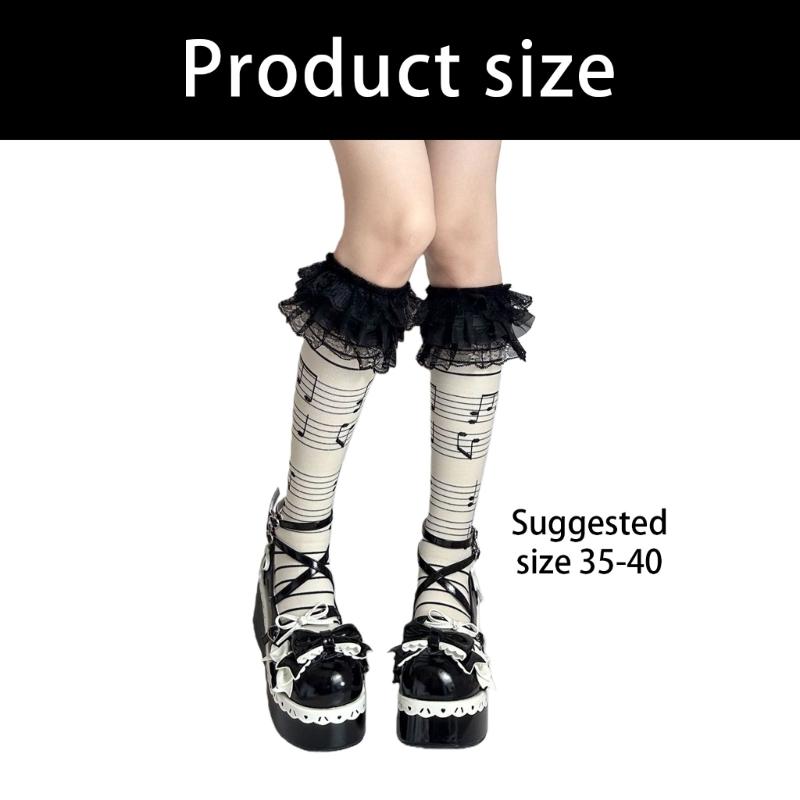 Cotton Knee Length Socks for Women Ruffle Lace Top Grunge Skull Music Note Print Stockings for Dance and Everyday Use