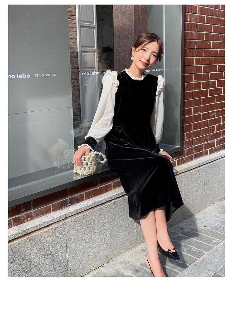 Женское бархатное платье с завышенной талией Thirteen Lines - Осень/Зима 2022, Французский стиль, Длинная юбка, Возврату не подлежит