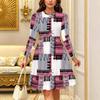 Women Long Sleeve Round Neck Midi Dress Boho Tie Dye Star Floral Dot Print Flared Casual Dress