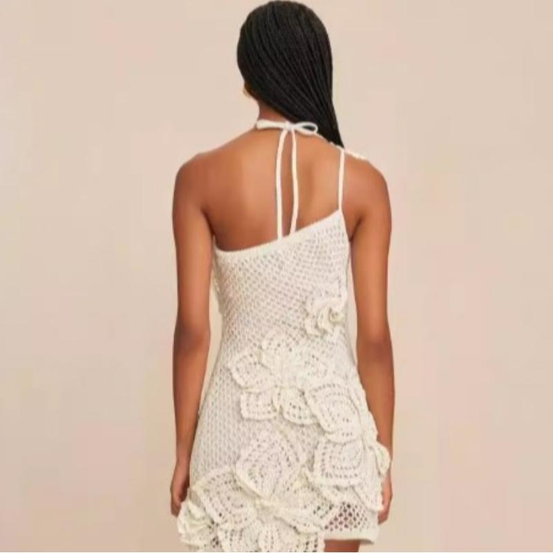 Knit Hollow Hanging Neck Dress Crochet Embroidery 3D Flower Creative Design Women Slim Sexy Backless Lace Up Short Dress Sweet Knit Dress New Fashion