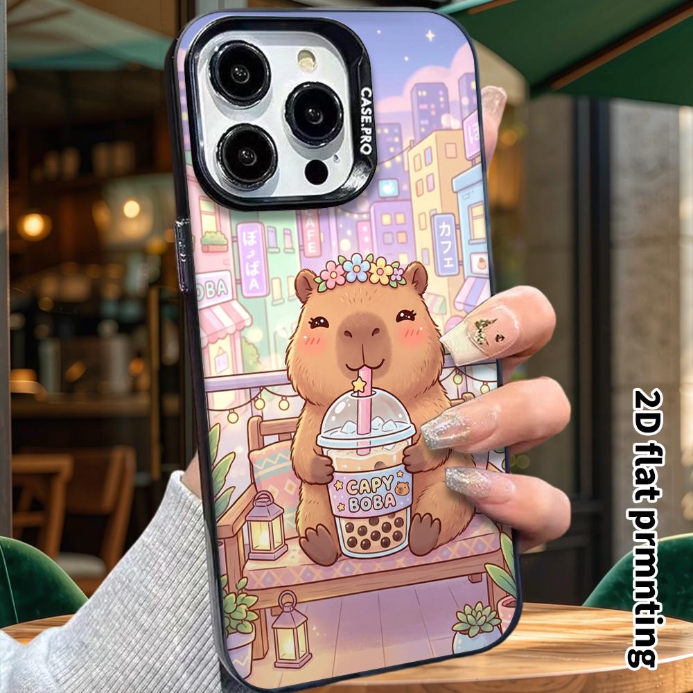 Чехол для телефона: 2D плоский, подходит для iPhone 18, 17, 16, 15, 14, 13Pro, красочный серебристый защитный чехол, парный стиль, капибара пьет молочный чай, Рождест
