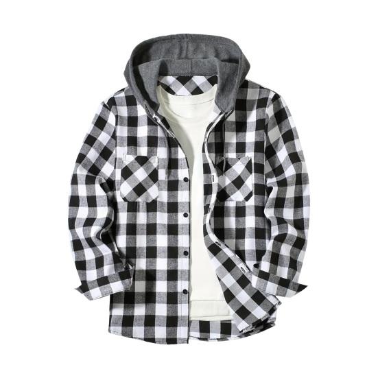 Fall Spring Men Shirt Hooded Drawstring Long Sleeves Color Matching Plaid Print Single-breasted Daily Wear School