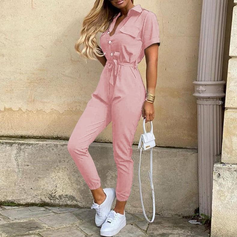 Spot 2026 spring and summer popular European and American women's clothing casual lapel printed belt tooling jumpsuit