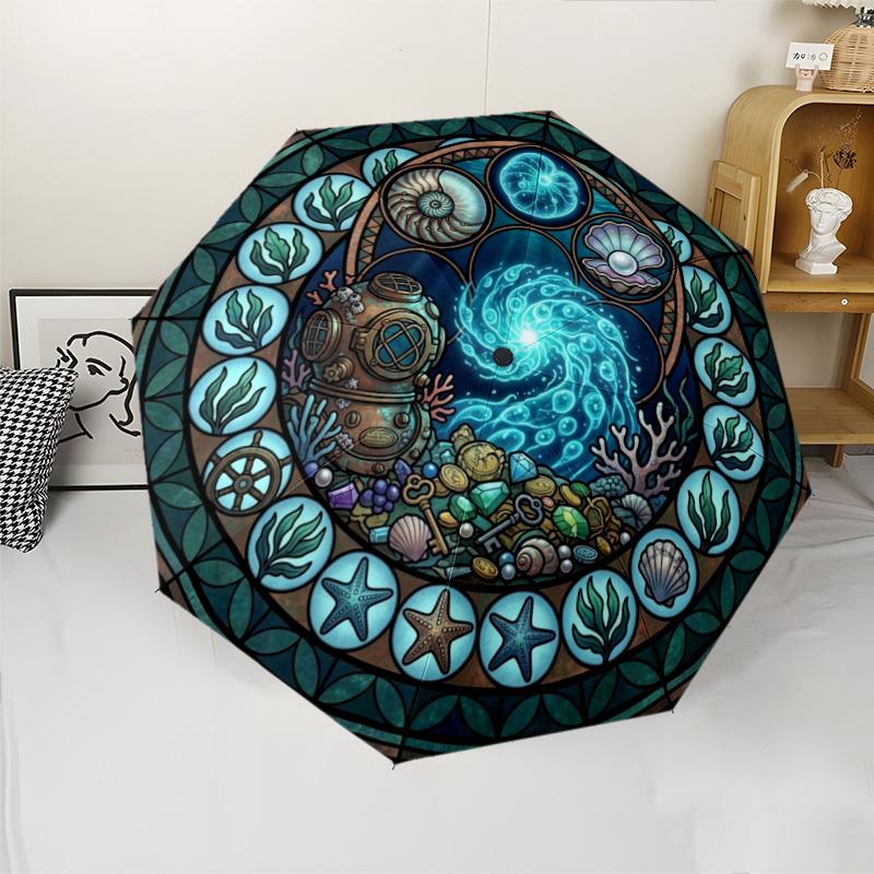 Underwater Treasure Window pattern umbrella, portable and foldable design, 8 ribs, a casual accessory for Halloween, Christmas, and birthday gifts.