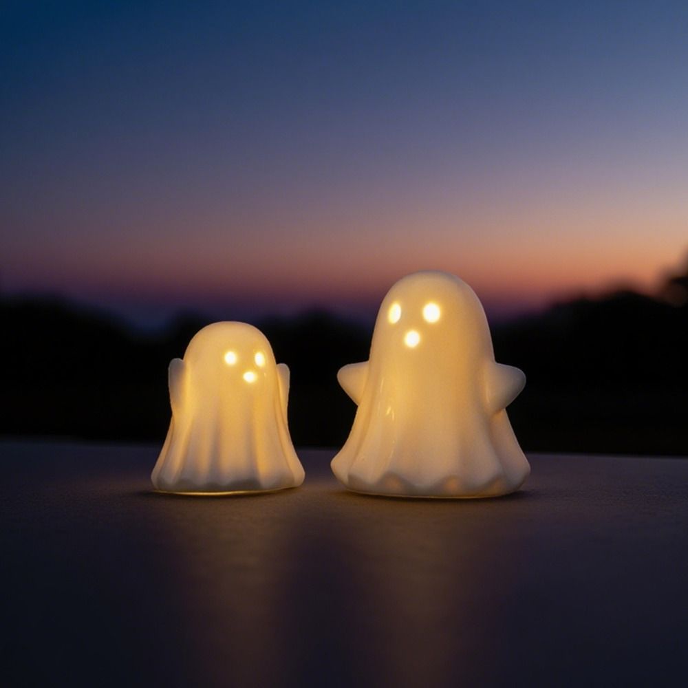 2pcs Cartoon Glowing Ghosts Light Ceramic Small Ghost Figurines Haunted House