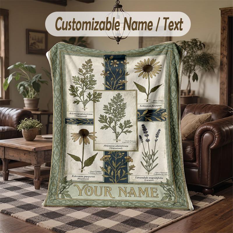 Herbal Garden Theme Throw Blanket Custom Name Text Personalized Blanket Soft Cozy Blanket for Home Sofa Bed