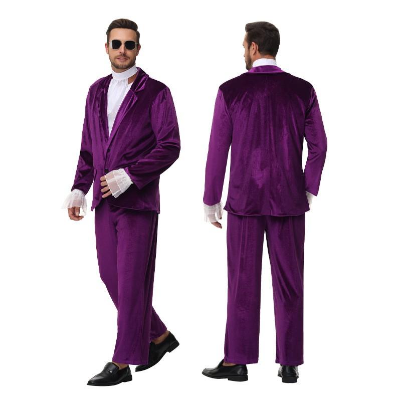 Vintage Disco Purple Velvet Suit Set Male Performers Stage Bar Nightclub Host Singer