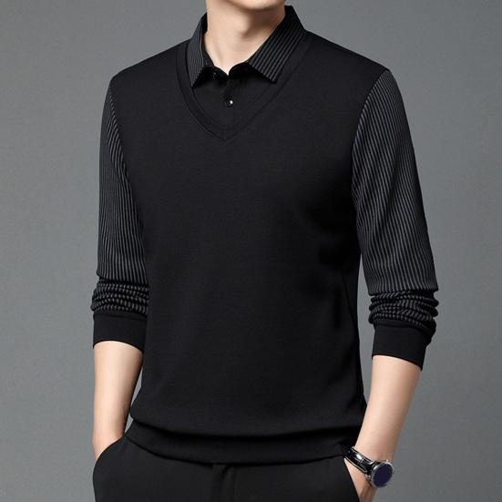 Мужская рубашка осень-весна с отложным воротником, имитация двухсекционного свитера в стиле пэчворк, большой размер, полосатая пуговица, формальный деловой стиль, мужской офисный топ