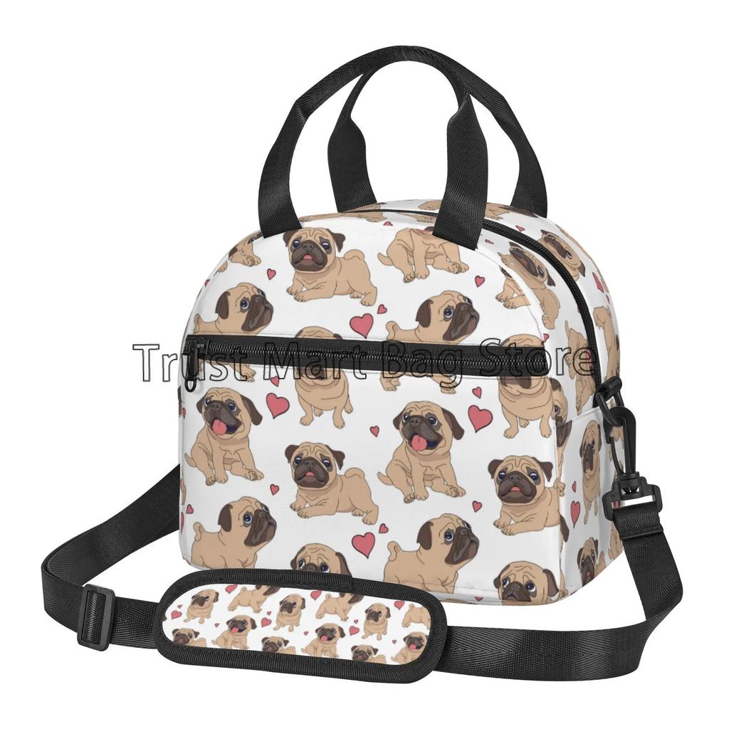Cute Pug Dog Insulated Lunch Bag for Women Kids Thermal Lunch Box Portable Cooler Tote Bags for School Work Picnic Beach Travel