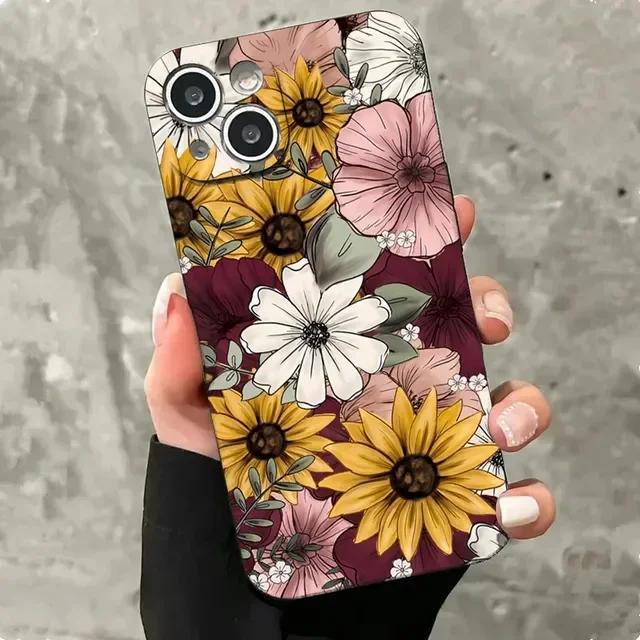 Luxury Pink Flower Phone Case For iPhone 16 15 14 13 12 11 Pro Max Mini X XS XR SE 7 Plus Shockproof Silicone Soft Cover Fundas