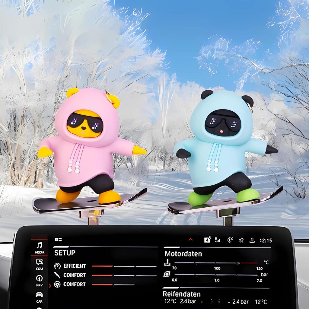 Skateboarding Bear Car Dashboard Ornament 6cm X 6cm - Funny Sliding Decoration for Car Interior, Rose Pink Silicone Skater Bear Figurine