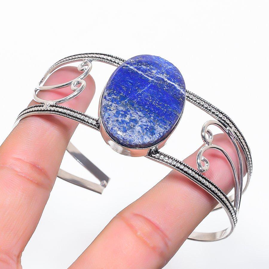 Natural Lapis Lazuli Gemstone 925 Sterling Silver Cuff Bangle Adjustable K8i87